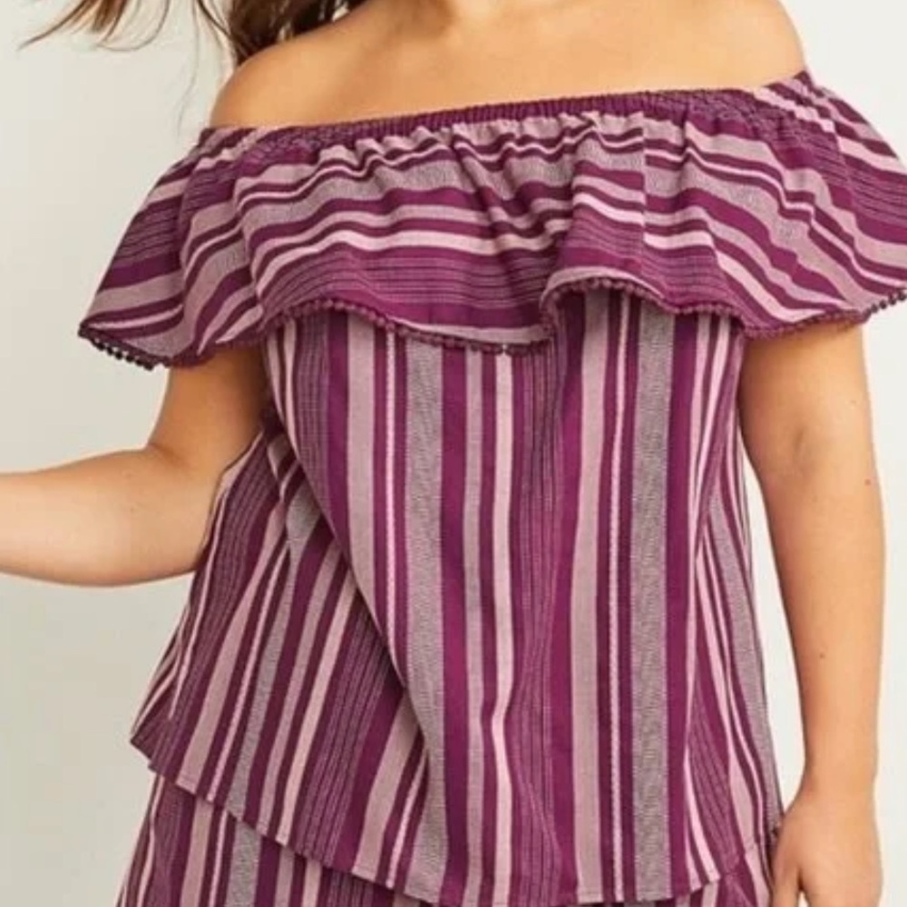 Striped Off-Shoulder Short Sleeve Top - Purple